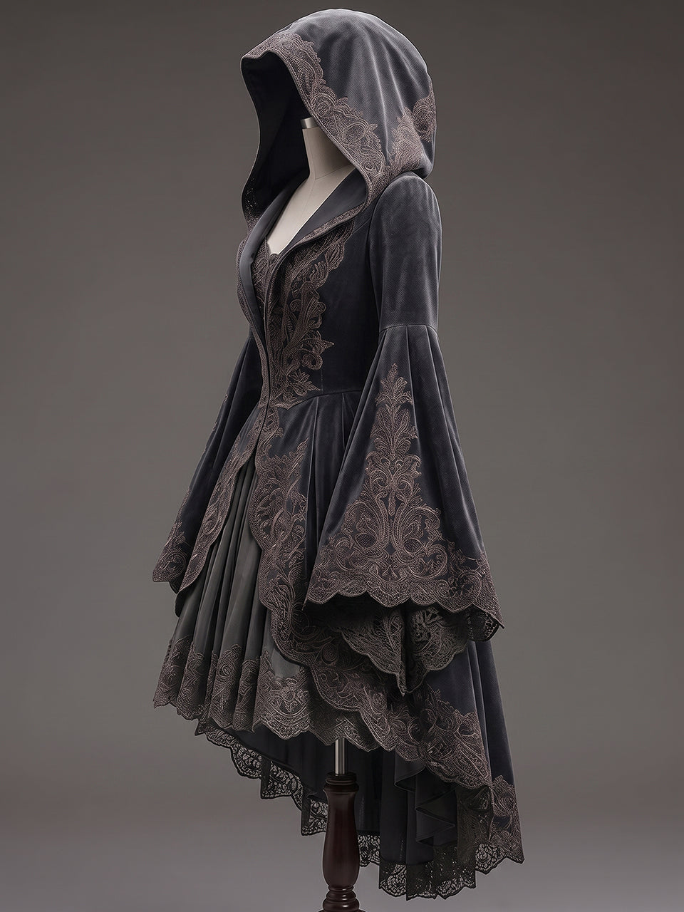 Womens Hooded Square Neck Velvet Embroidered Flare Sleeve Layered Tulle Irregular High Low Hem Short Gown Coat