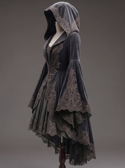 Womens Hooded Square Neck Velvet Embroidered Flare Sleeve Layered Tulle Irregular High Low Hem Short Gown Coat