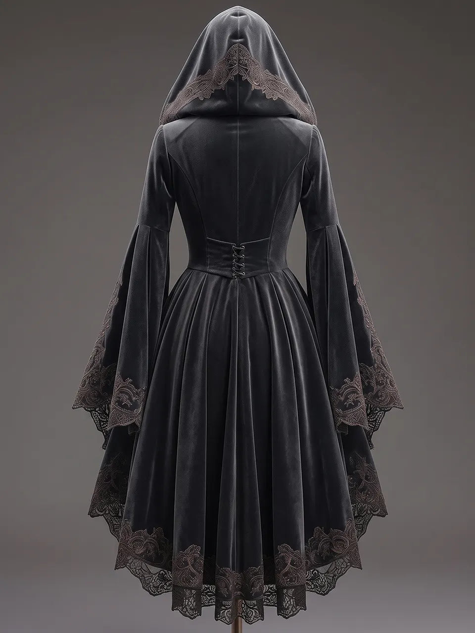 Womens Hooded Square Neck Velvet Embroidered Flare Sleeve Layered Tulle Irregular High Low Hem Short Gown Coat