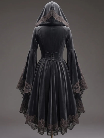 Womens Hooded Square Neck Velvet Embroidered Flare Sleeve Layered Tulle Irregular High Low Hem Short Gown Coat