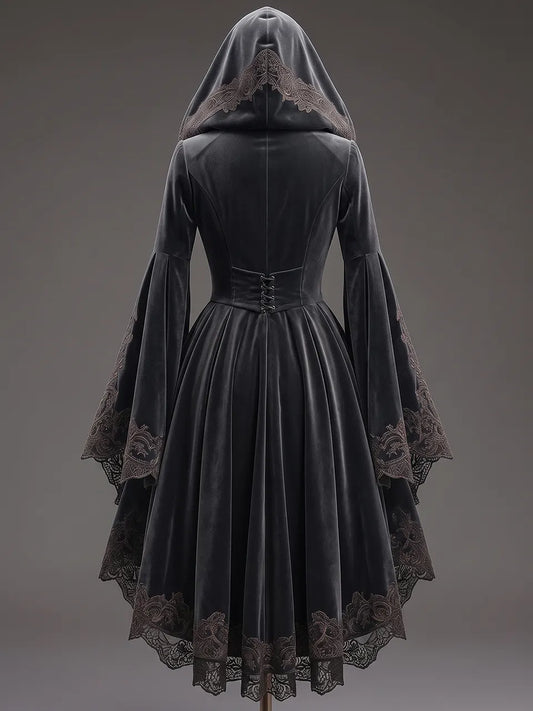Womens Hooded Square Neck Velvet Embroidered Flare Sleeve Layered Tulle Irregular High Low Hem Short Gown Coat