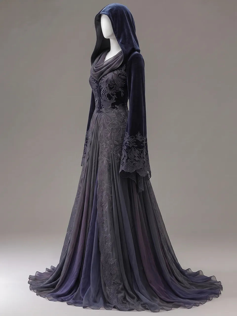 Womens V-neck Hooded Draped Collar Flare Sleeve Vine Embroidered Velvet Tulle Train Maxi Gown