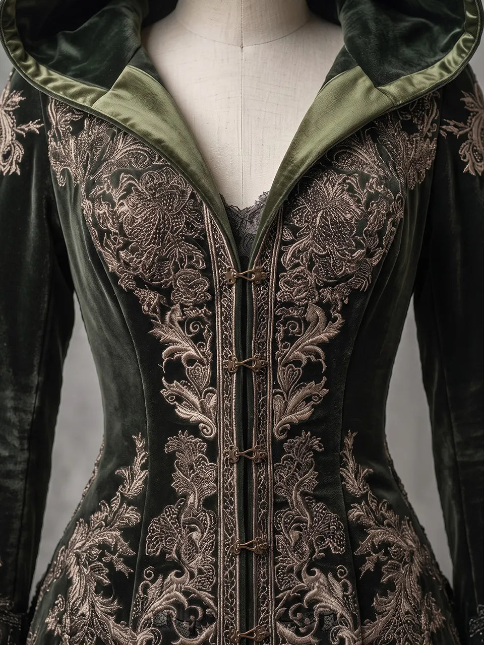 Womens Hooded V Neck Velvet Embroidered Buttoned Waist Long Sleeve Lace Layered Tulle Irregular Hem Mid Length Coat