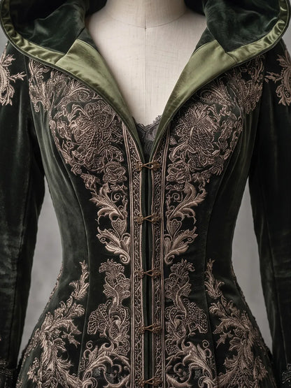 Womens Hooded V Neck Velvet Embroidered Buttoned Waist Long Sleeve Lace Layered Tulle Irregular Hem Mid Length Coat