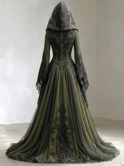 Womens Cowl Neck Hooded Lace Up Corset Flare Long Sleeve Embroidered Tulle Train Maxi Gown