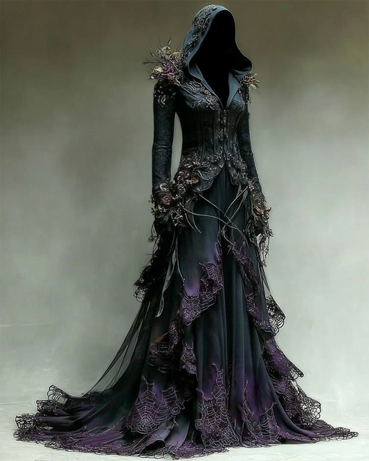 Boho Witch Gradient Spiderweb Lace Panel Ruffle Hooded Evening Dress ef86