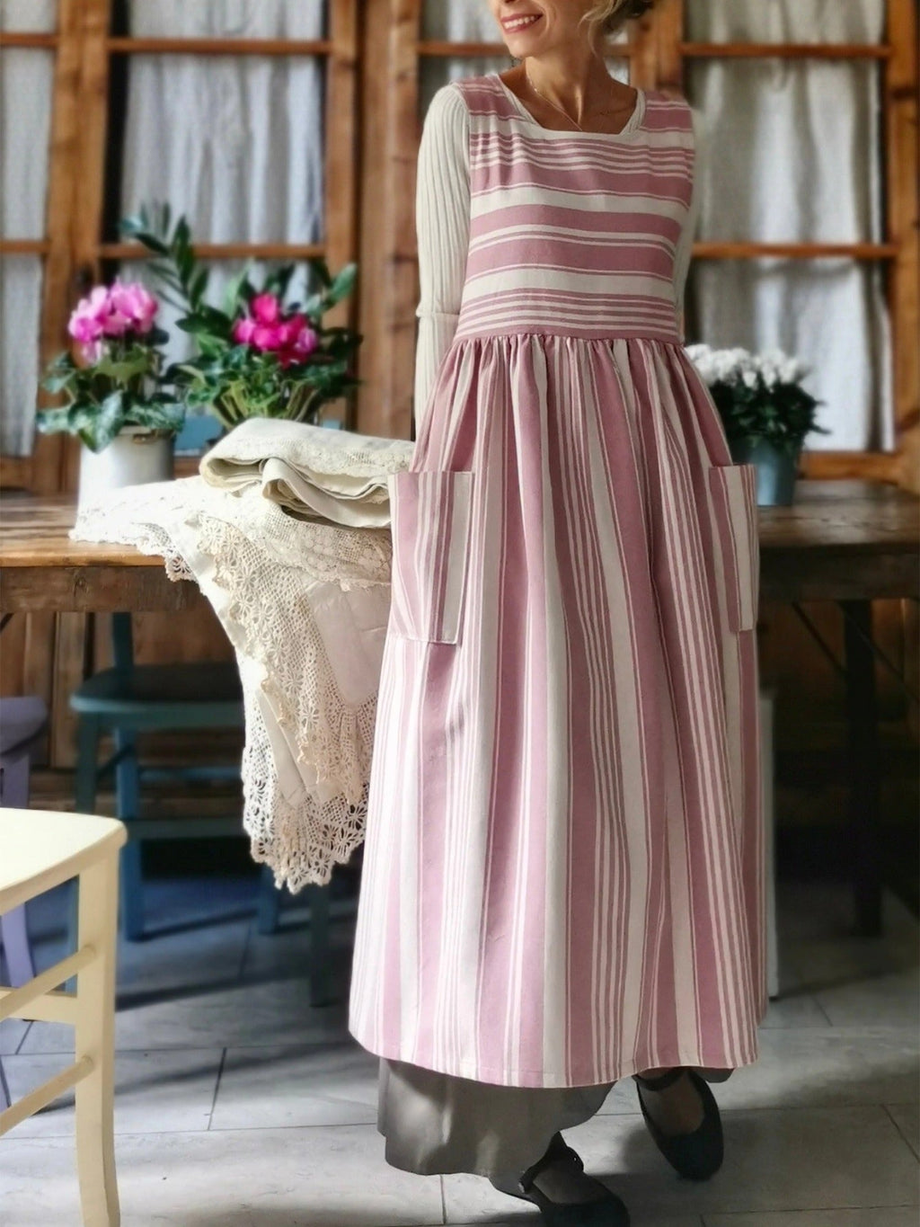 Pink and Cream Striped Apron