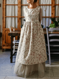 Vintage Light Beige Base Pale Pink Rose Print Long Apron & Dress (2-in-1)