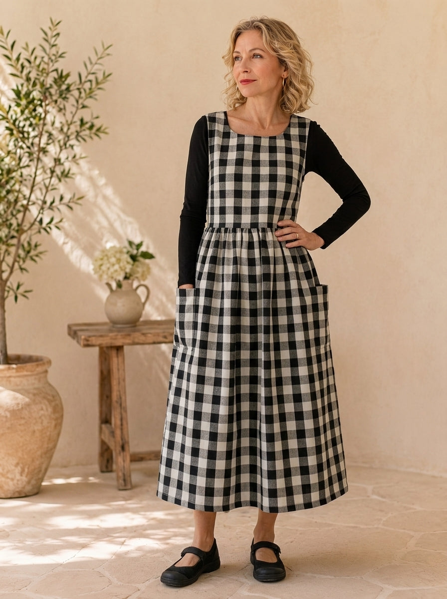 Black Gingham Cotton Pinafore Apron