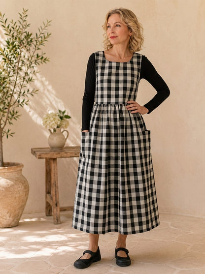 Black Gingham Cotton Pinafore Apron