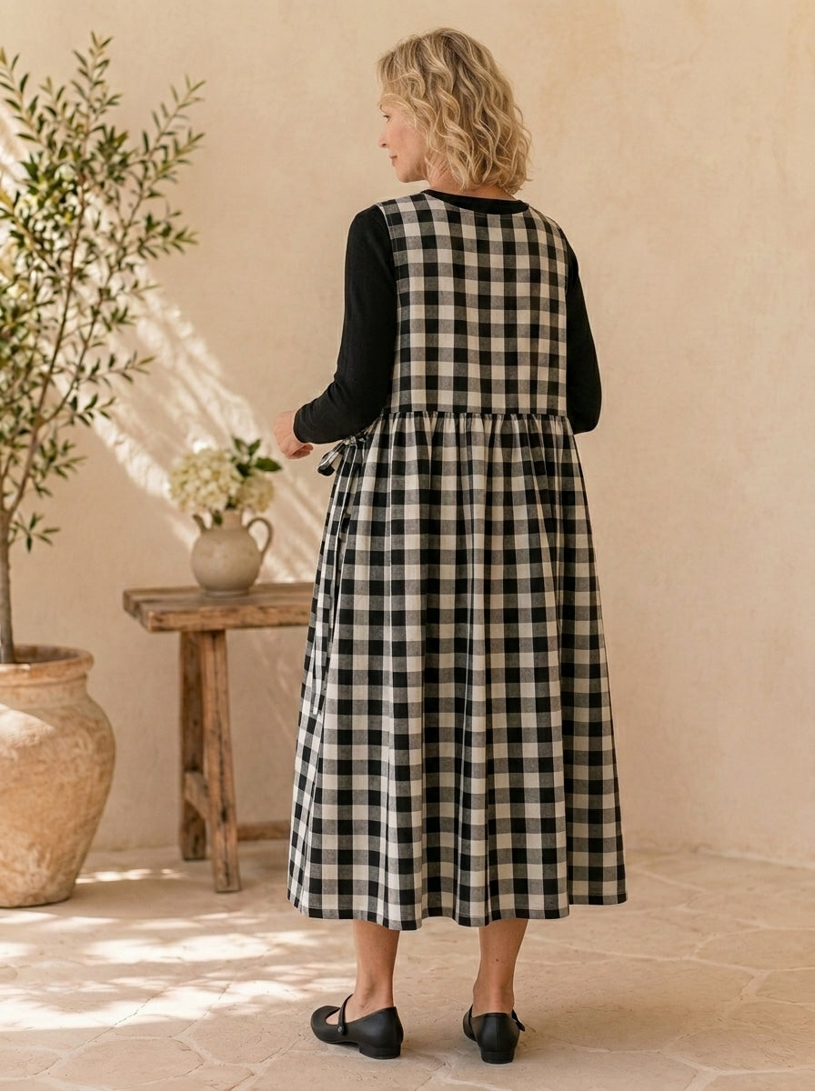 Black Gingham Cotton Pinafore Apron
