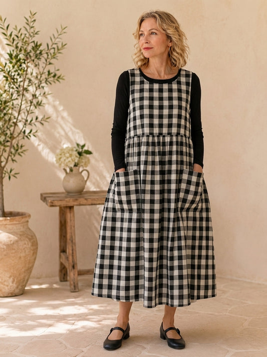 Black Gingham Cotton Pinafore Apron