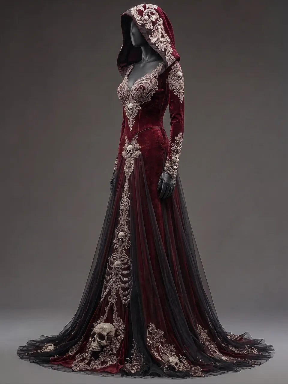 Womens V-neck Hooded Long Sleeve Skull Embroidered Fitted Tulle Panel Train Mermaid Maxi Gown