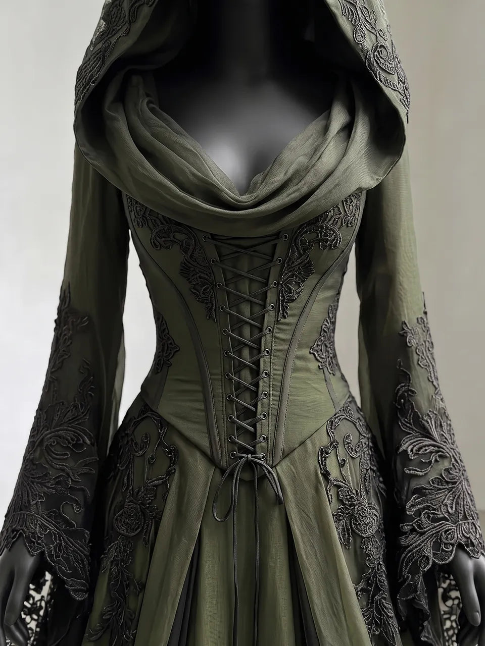 Womens Cowl Neck Hooded Lace Up Corset Flare Long Sleeve Embroidered Tulle Train Maxi Gown