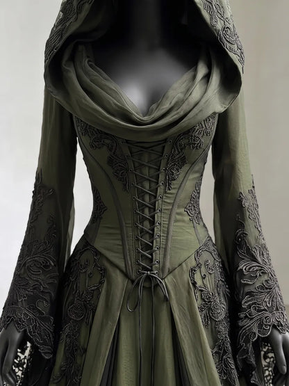 Womens Cowl Neck Hooded Lace Up Corset Flare Long Sleeve Embroidered Tulle Train Maxi Gown