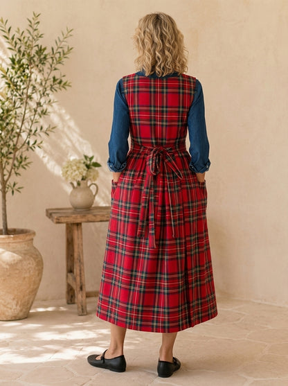 Classic Red Tartan Cotton Pinafore Apron