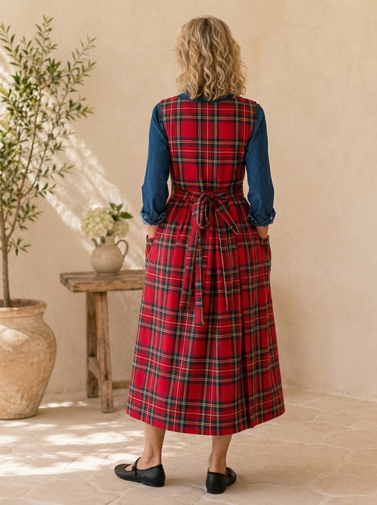 Classic Red Tartan Cotton Pinafore Apron