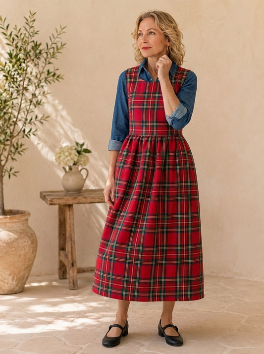 Classic Red Tartan Cotton Pinafore Apron