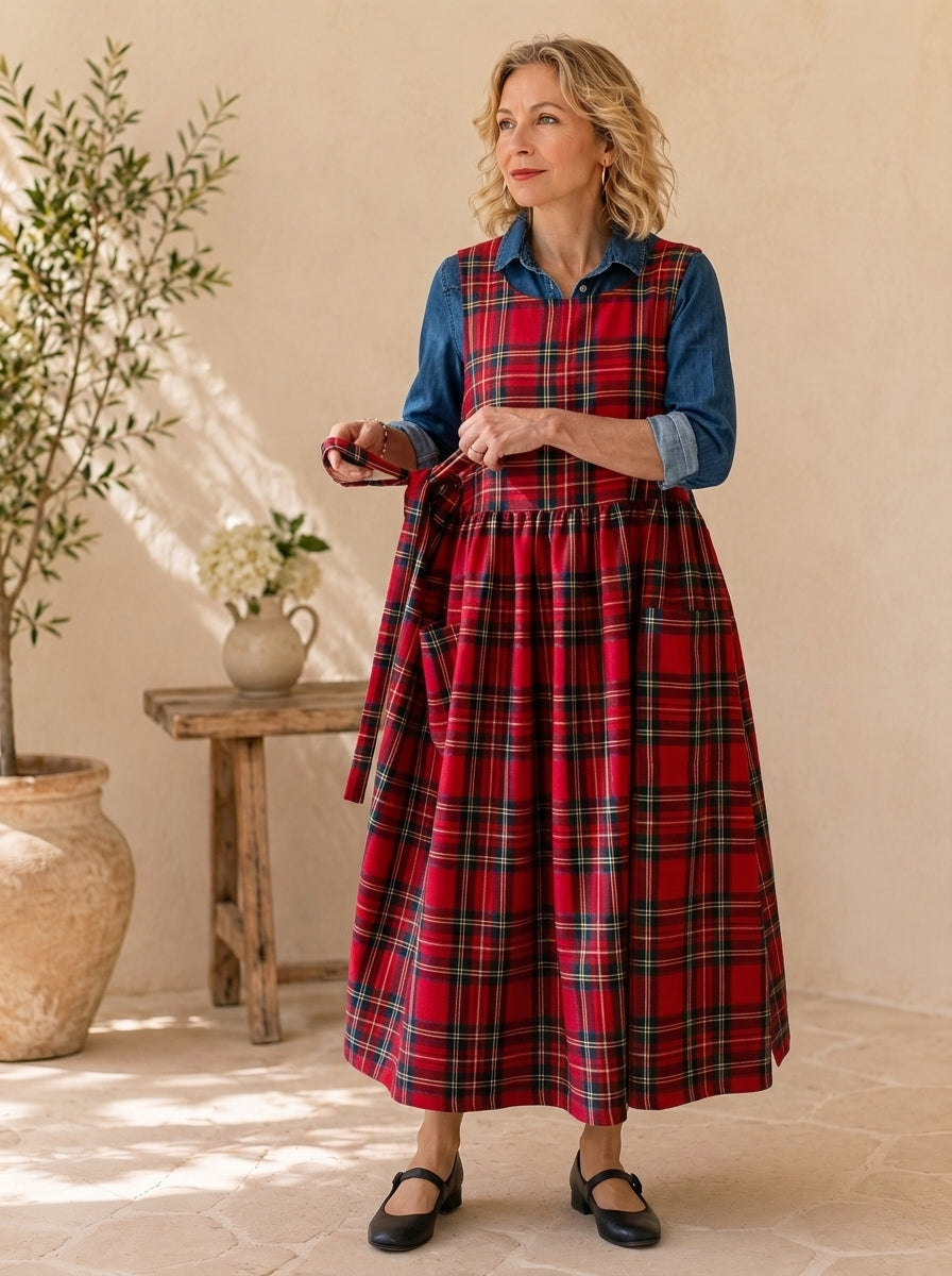 Classic Red Tartan Cotton Pinafore Apron