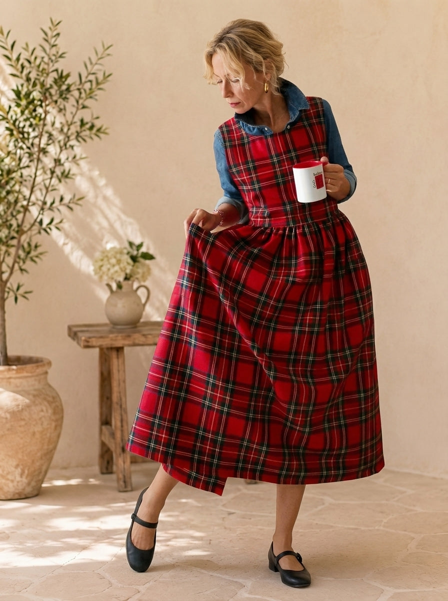 Classic Red Tartan Cotton Pinafore Apron