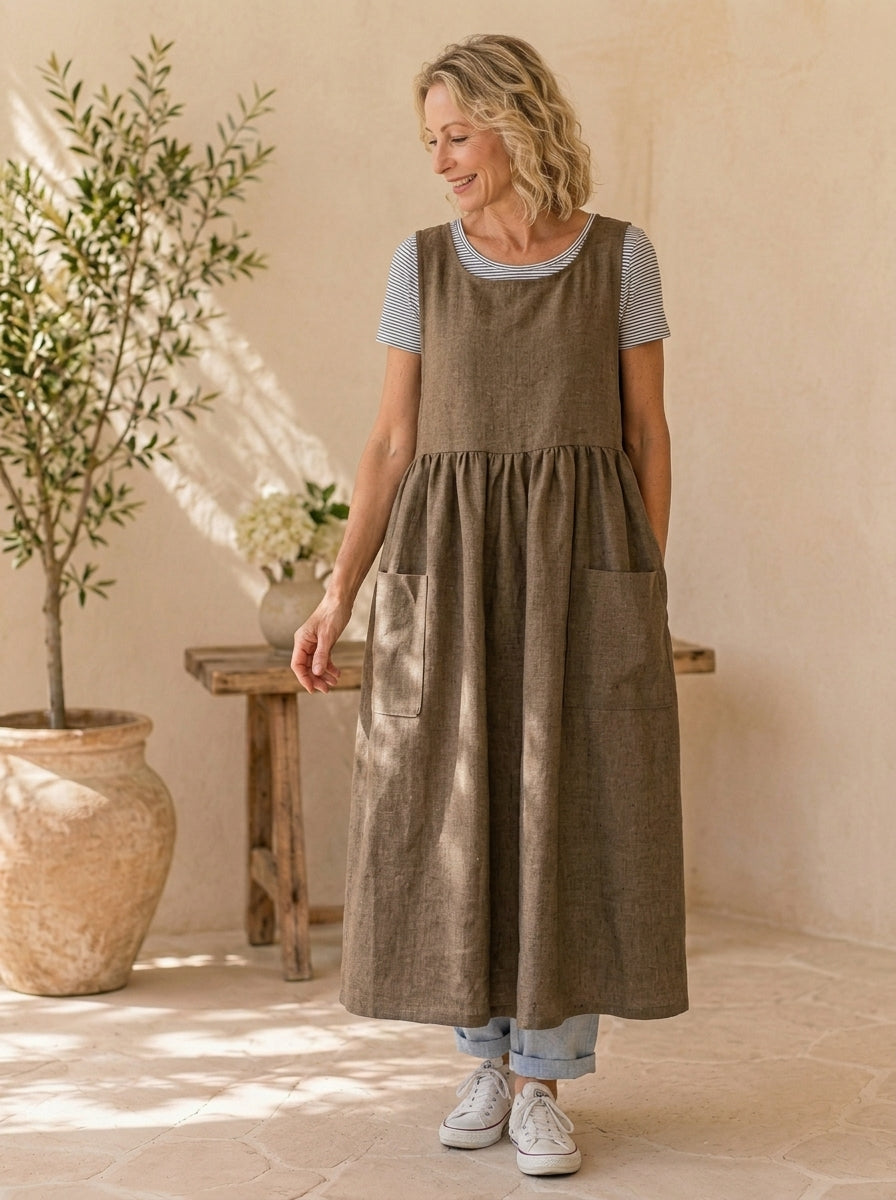 Warm Taupe Cotton Pinafore Apron