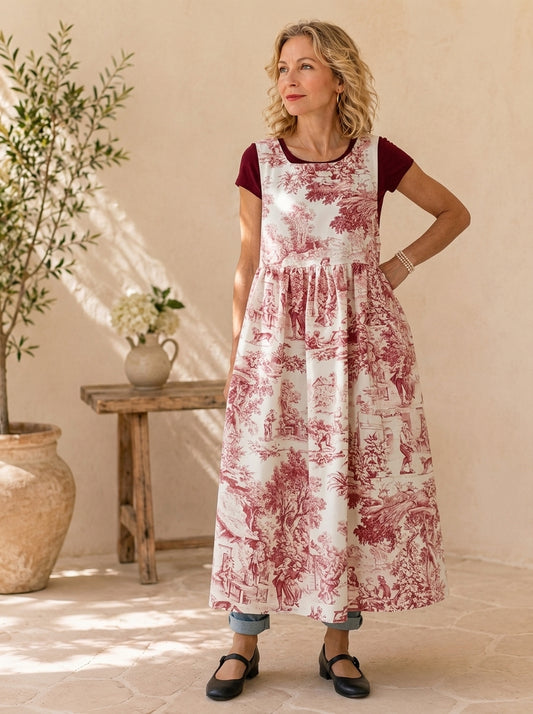 Burgundy Toile Cotton Pinafore Apron