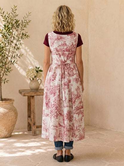 Burgundy Toile Cotton Pinafore Apron