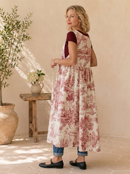 Burgundy Toile Cotton Pinafore Apron