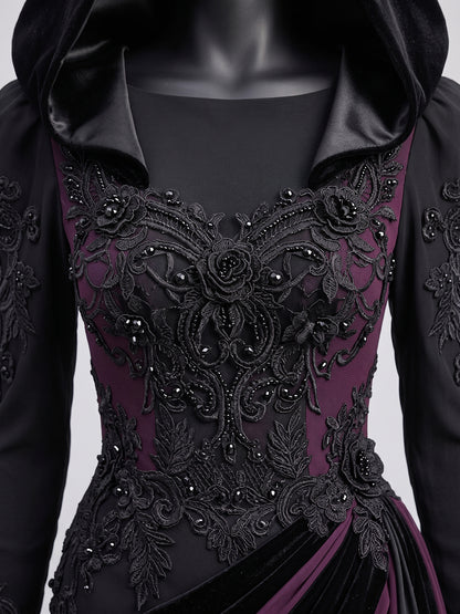 Womens Round Neck Sheer Panel Embroidered Hooded Draped Ruched Mermaid Train Maxi Gown