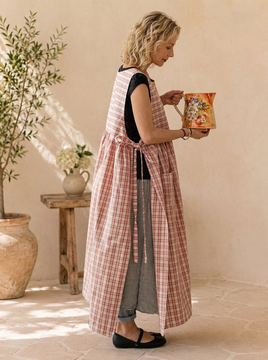 Rose Plaid Cotton Pinafore Apron