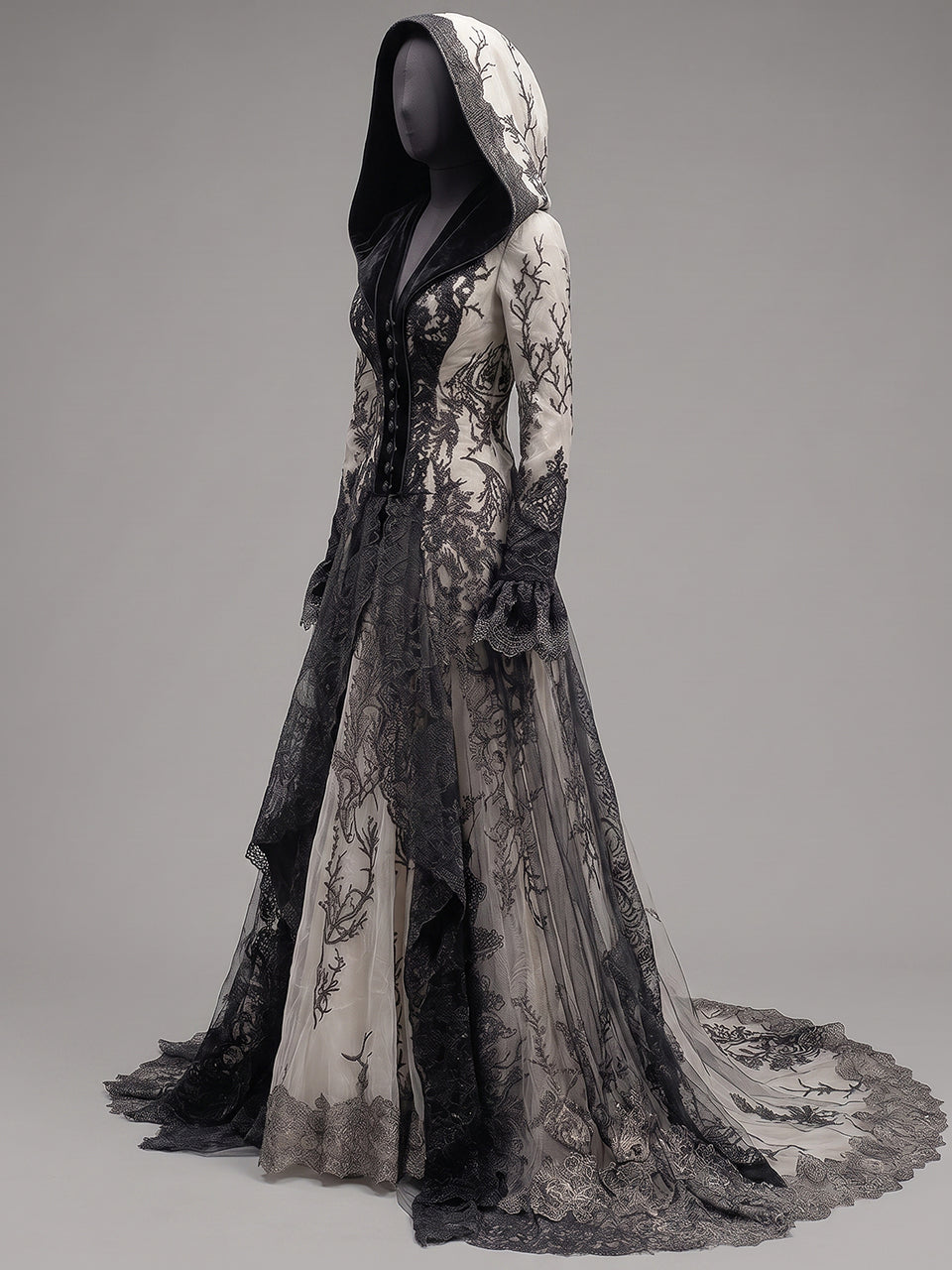 Womens Hooded V Neck Button Decor Embroidered Lace Spliced Flare Sleeve Layered Tulle Train Long Gown