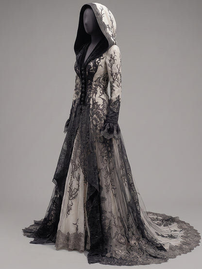 Womens Hooded V Neck Button Decor Embroidered Lace Spliced Flare Sleeve Layered Tulle Train Long Gown
