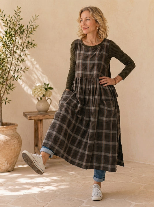 Rustic Brown Plaid Cotton Pinafore Apron