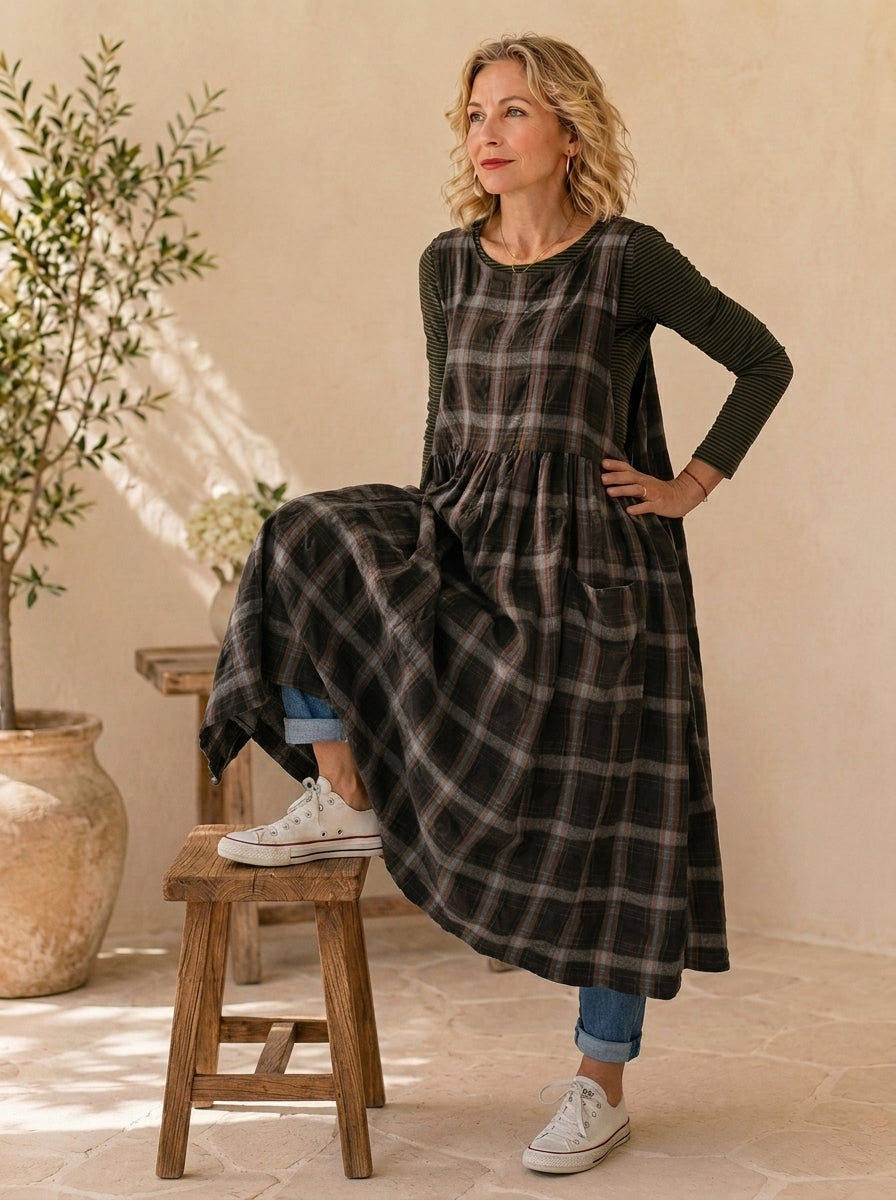Rustic Brown Plaid Cotton Pinafore Apron