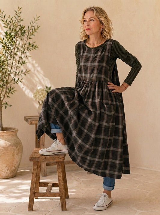 Rustic Brown Plaid Cotton Pinafore Apron