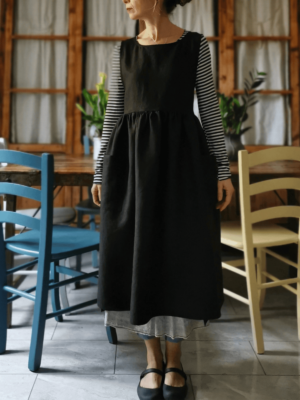 Vintage Solid Black Long Minimalist Apron & Dress (2-in-1)