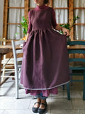 Vintage Deep Purple Solid Long Apron & Dress (2-in-1)