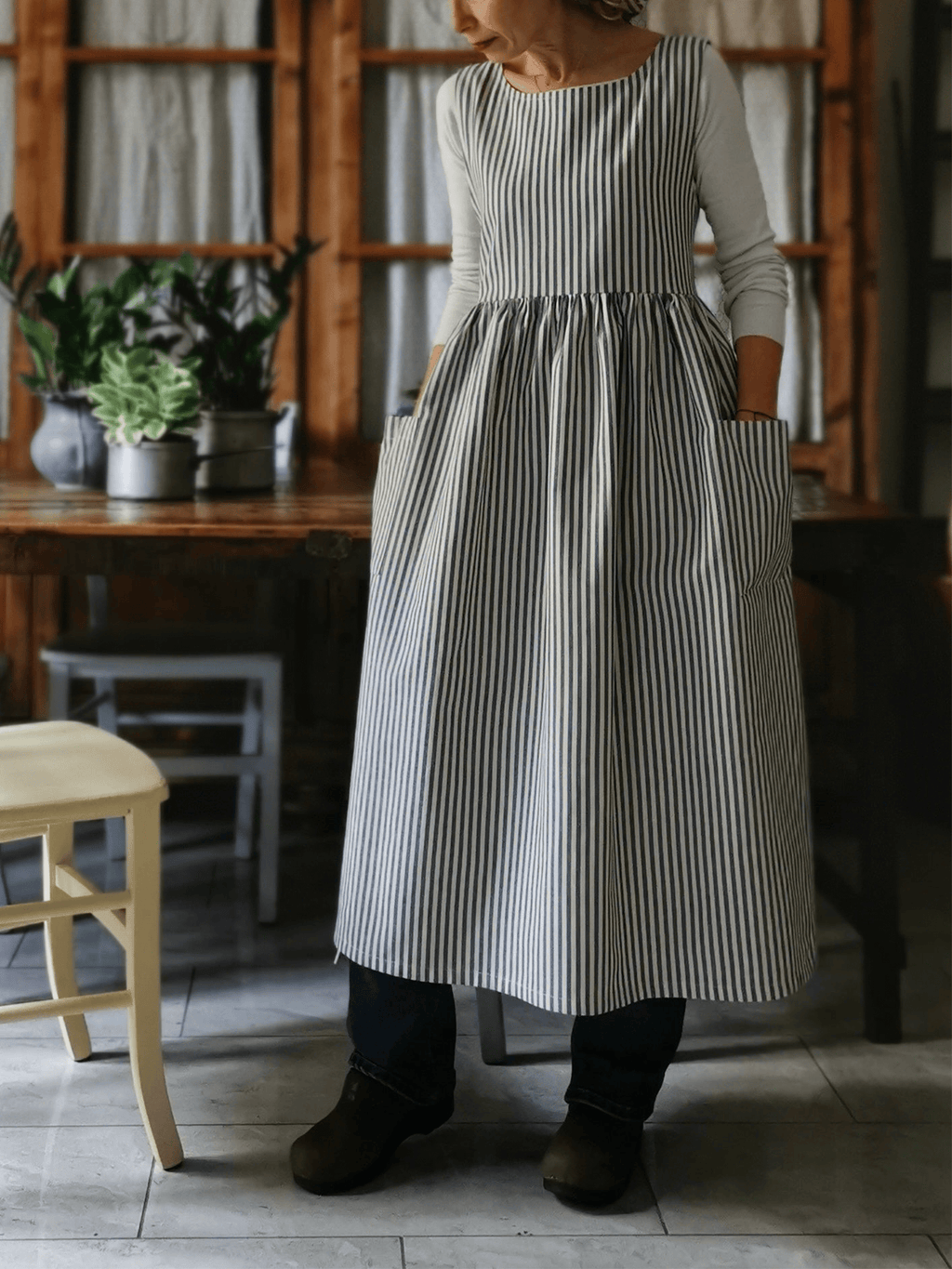 Vintage Dark Blue Thin Stripe Long Apron & Dress (2-in-1)