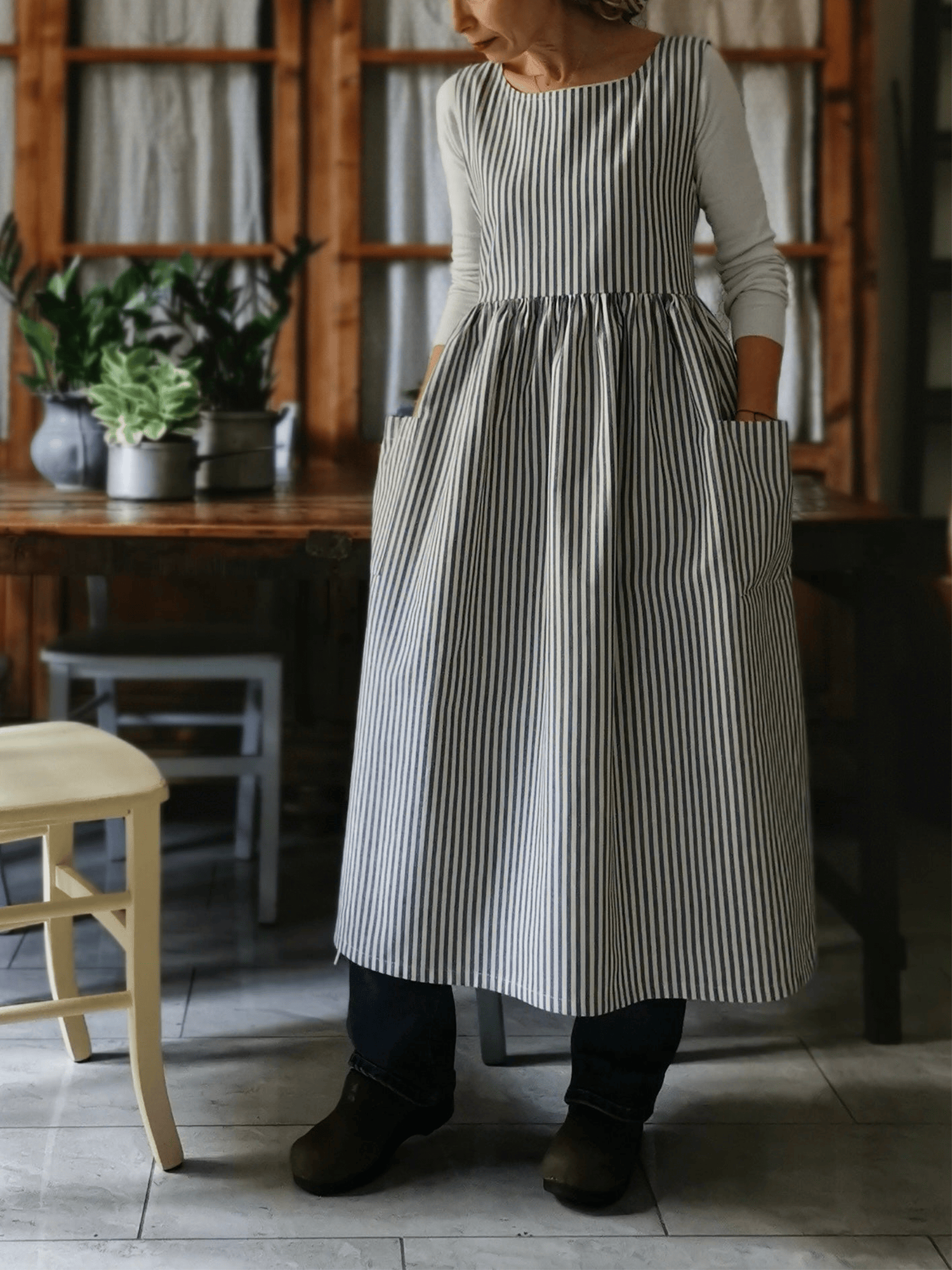 Vintage Dark Blue Thin Stripe Long Apron & Dress (2-in-1)