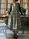 Vintage Light Gray & Green Plaid Long Apron & Dress (2-in-1)