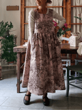 Vintage Pink Base Pastoral Landscape Print Long Apron & Dress (2-in-1)