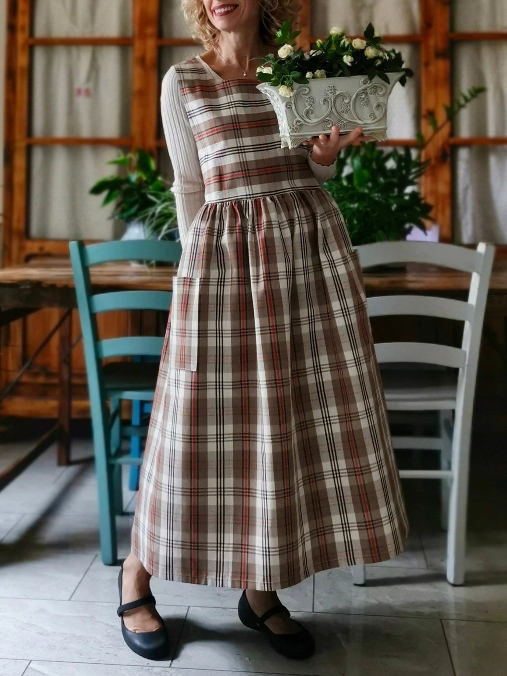 Vintage Brown-Tone Plaid Long Apron & Dress (2-in-1) with Red Stripes & Large Pockets