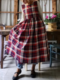 Vintage Red & Blue Contrast Plaid Long Apron & Dress (2-in-1) with Large Pockets