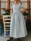 Vintage Light Blue & Cream Thin Plaid Long Apron & Dress (2-in-1)