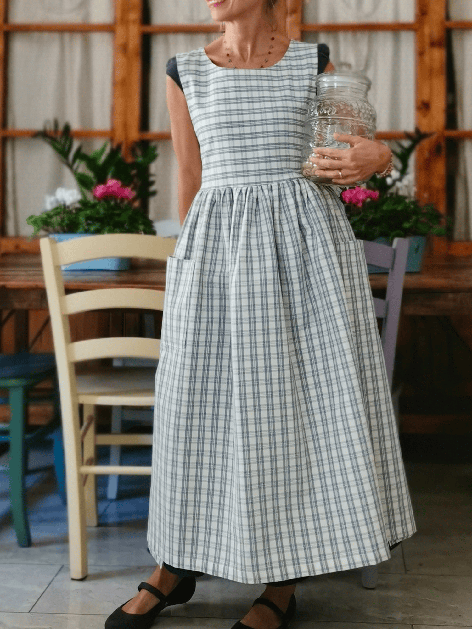 Vintage Light Blue & Cream Thin Plaid Long Apron & Dress (2-in-1)