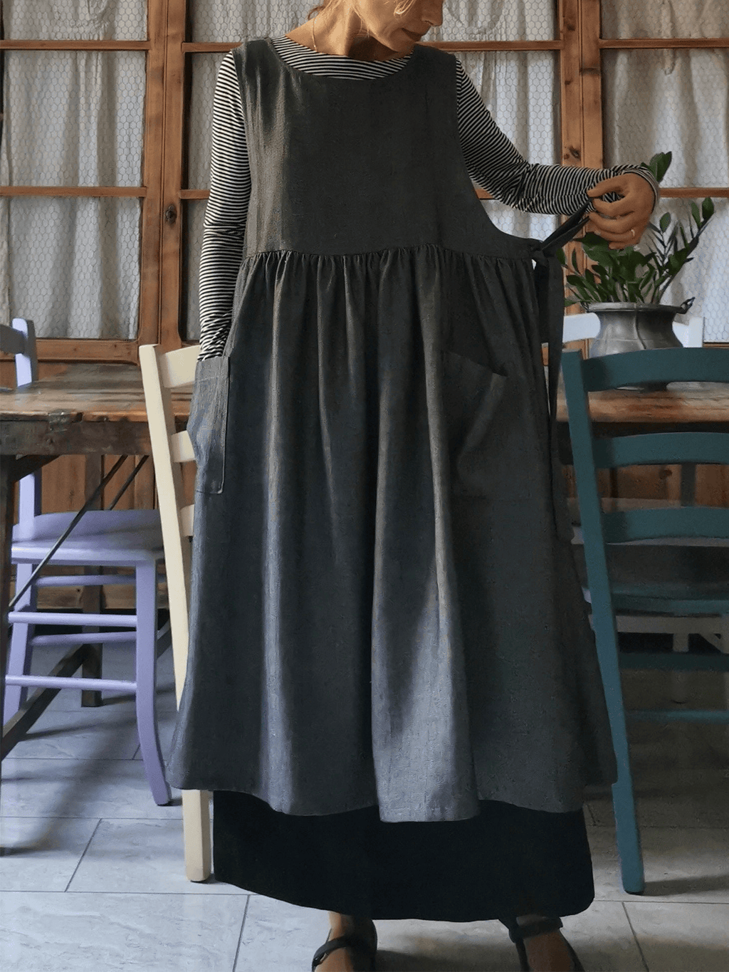 Vintage Gray Long Apron & Dress (2-in-1)