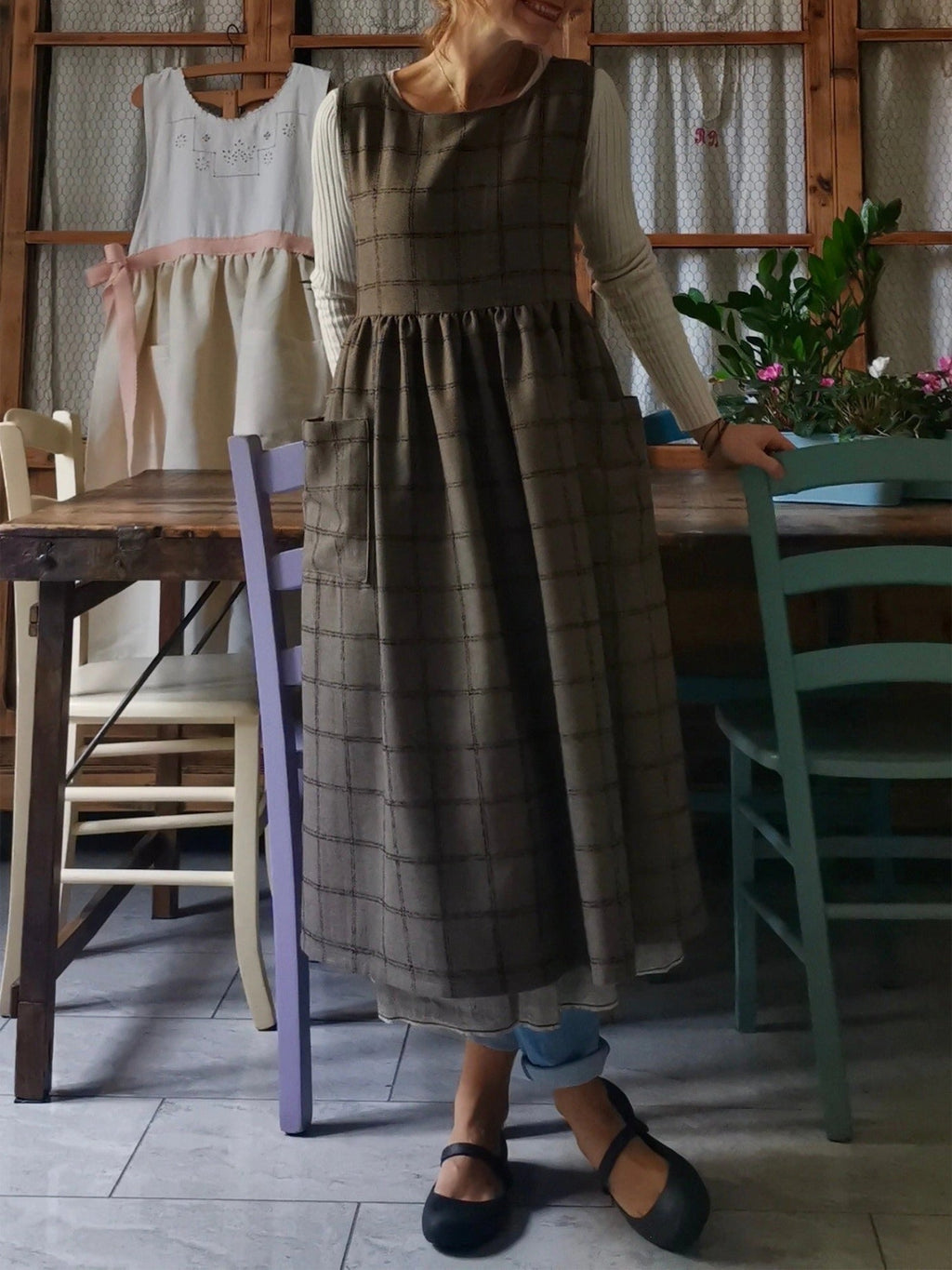 Vintage Brown Tone Plaid Long Apron & Dress (2-in-1)
