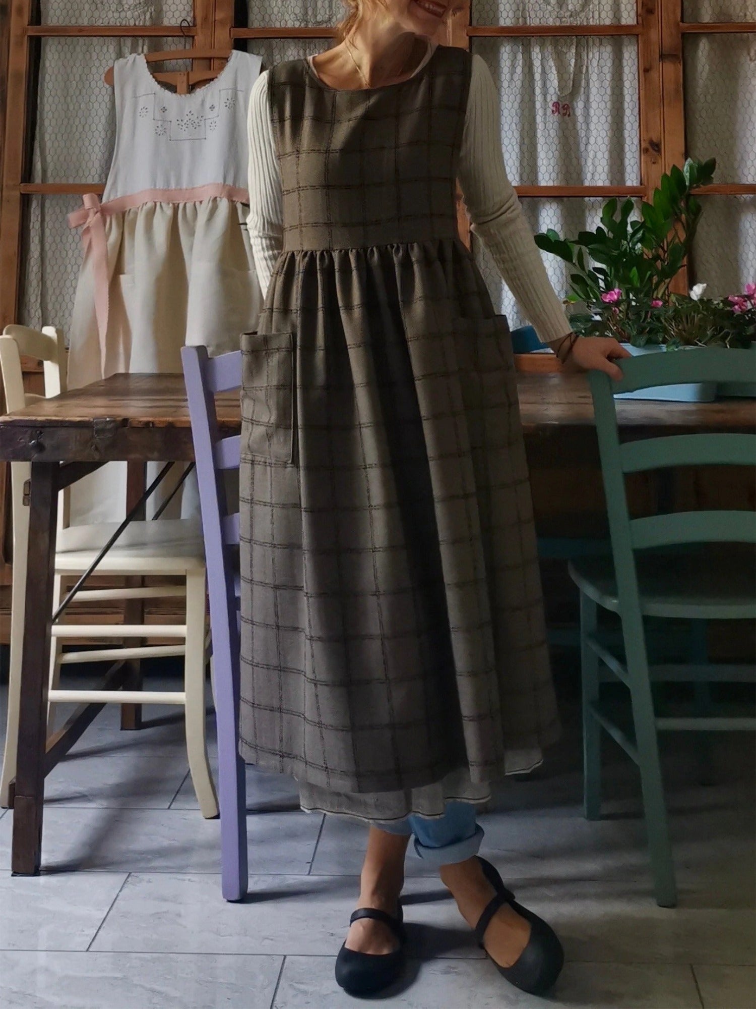 Vintage Brown Tone Plaid Long Apron & Dress (2-in-1)