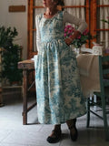 Vintage Teal Base Pastoral Landscape Print Long Apron & Dress (2-in-1)