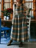 Vintage Light Khaki Blue & Brown Plaid Long Apron & Dress (2-in-1)